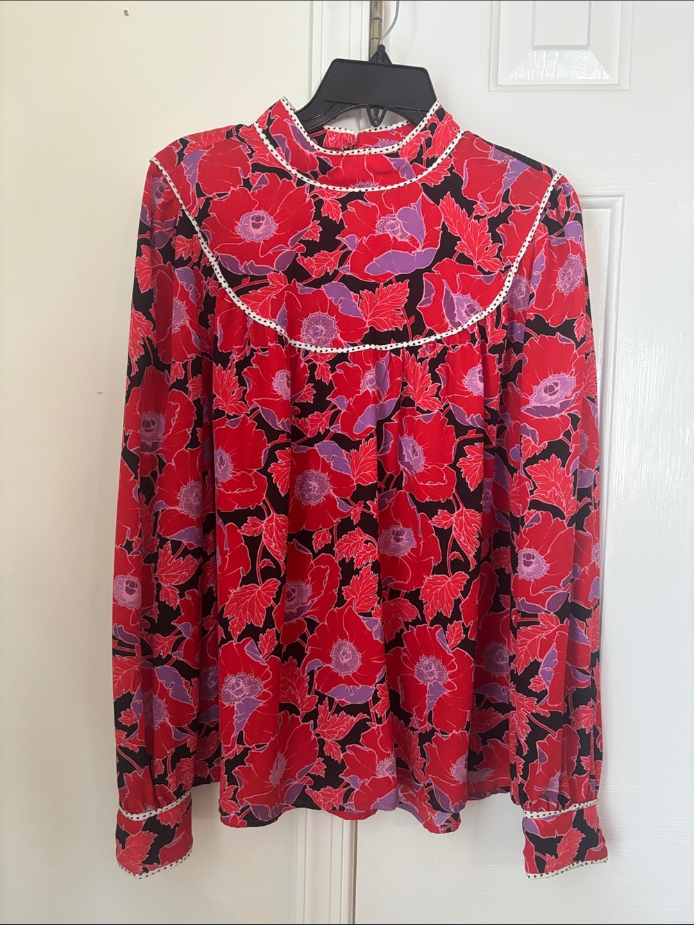 Who What Wear Red and Purple Floral High-Neck Long-Sleeve Top